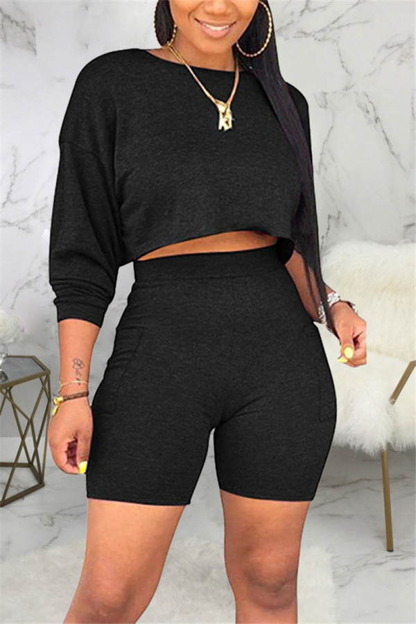 Fashion Casual Long Sleeve O Neck Regular Sleeve Short Solid Two Pieces