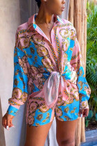 Fashion Printed Long Sleeve Shirt Shorts Set