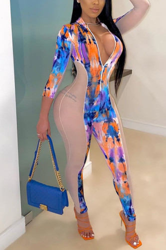 Fashion Sexy Print Patchwork perspective Mesh zipper Long Sleeve V Neck Jumpsuits