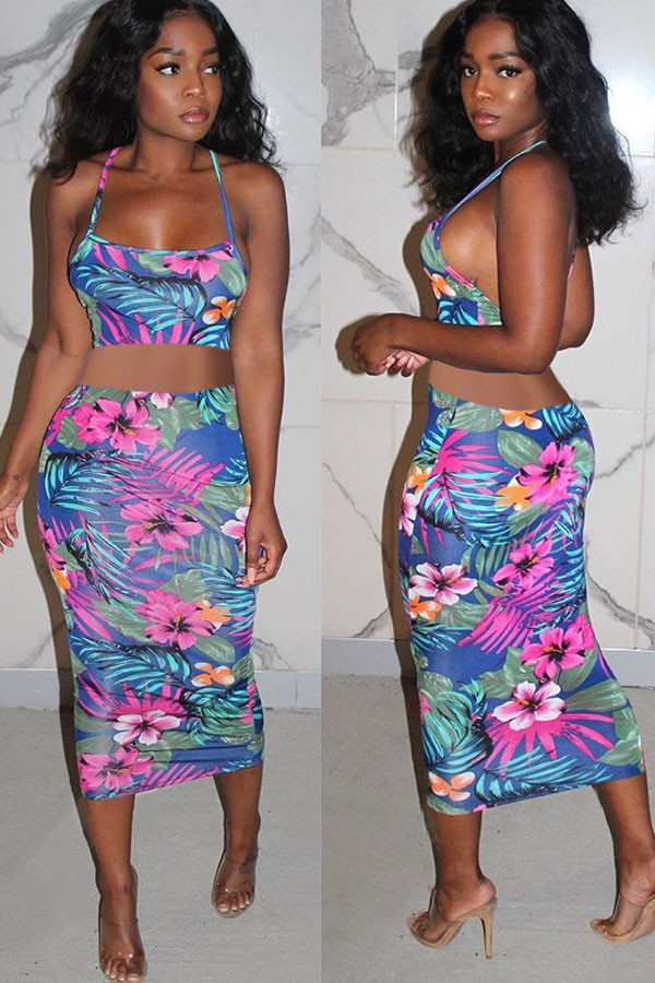 Fashion adult Ma'am Lightly cooked Floral Print Two Piece Suits pencil Sleeveless Two Pieces