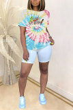 White Blue Yellow purple colour O Neck Short Sleeve Patchwork Print Character Tops
