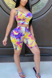 Fashion Casual adult Ma'am O Neck Print Tie Dye Two Piece Suits Stitching Plus Size