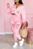 Casual Letter Print Hole Straight Long Sleeve Two Pieces