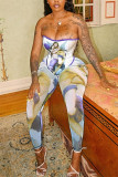 Fashion Sexy Sleeveless Strapless Off The Shoulder Short Print Two Pieces