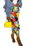 Multi-color Drawstring Sleeveless Mid Patchwork Print Straight Capris Bottoms