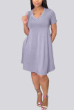Fashion Casual adult Ma'am Cap Sleeve Short Sleeves V Neck Swagger Knee-Length Solid Dresses