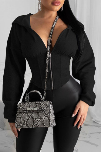 hooded Long Sleeve Solid Zippered Tops
