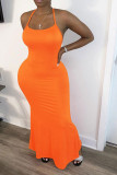 Sexy Orange rose red Shallow yellow Spaghetti Strap Sleeveless Slip Mermaid Ankle-Length Solid Dresses