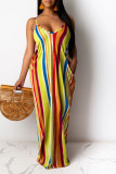 Sexy Spaghetti Strap Sleeveless V Neck Swagger Ankle-Length Striped Patchwork Solid Old Dresses