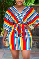 Fashion Casual Half Sleeve V Neck Mini Striped Print Dresses