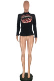 O Neck Long Sleeve Print Sequin Lips Print Tops
