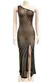 Sexy Europe and America One Shoulder Sleeveless one shoulder collar Asymmetrical Ankle-Length split diamonds Dresses