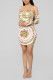 England Off The Shoulder Long Sleeves One word collar Step Skirt Mini Print backless asymmetrical Dresses