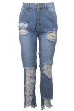Denim Button Fly Sleeveless High Hole Patchwork washing Solid Old Straight Pants Pants