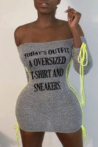 Fashion Sexy Print Tassel Frenulum Fold Bateau Neck Long Sleeve Mini Pencil Skirt Dresses