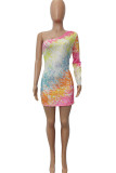 Milk. Fashion adult Ma'am Street One Shoulder Long Sleeves one shoulder collar Step Skirt skirt Print Dresses