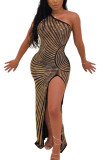 Sexy Europe and America One Shoulder Sleeveless one shoulder collar Asymmetrical Ankle-Length split diamonds Dresses