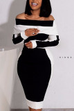 Fashion Casual Geometric Patchwork Solid Patchwork Backless Basic Bateau Neck Long Sleeve Knee Length Pencil Skirt Dresses
