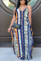 Fashion adult OL Hide Blue Spaghetti Strap Sleeveless V Neck A-Line Floor-Length Print Patchwork Dresses