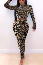 Europe and America Leopard Print pencil Long Sleeve Two Pieces