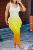 OL Blue Yellow Spaghetti Strap Sleeveless O neck Step Skirt Ankle-Length Print Dresses