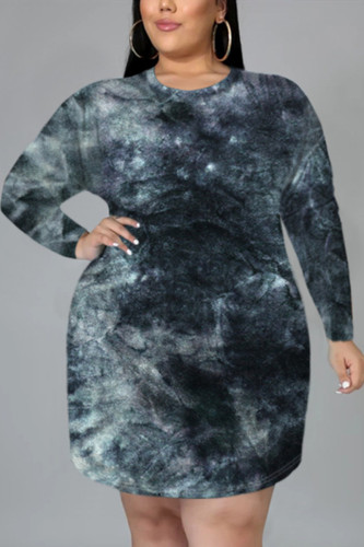 Fashion Casual O Neck Long Sleeve Regular Sleeve Print Printed Dress Plus Size