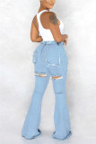 Fashion Casual Regular Solid High Waist Broken Hole Jeans
