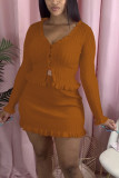 Fashion Casual adult Ma'am Solid Two Piece Suits A-line skirt Long Sleeve Two Pieces