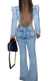 Sexy Denim Solid Buttons Turndown Collar Plus Size