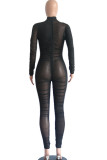 Fashion Sexy Adult Solid See-through Fold O Neck Skinny Jumpsuits