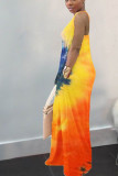 OL Orange Yellow rose red Sleeveless Slip A-Line Floor-Length Print Tie and dye Dresses