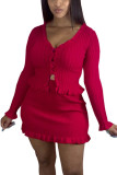 Fashion Casual adult Ma'am Solid Two Piece Suits A-line skirt Long Sleeve Two Pieces