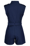 Casual Solid Patchwork Buckle O Neck Sleeveless Straight Denim Jumpsuits