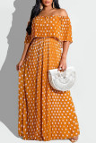 Fashion Casual Dot Print Patchwork Backless Off the Shoulder Long Dress