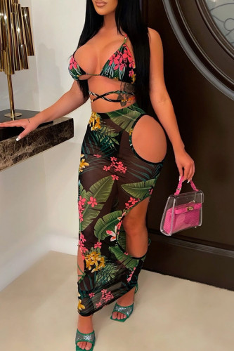 Sexy Print Bandage Hollowed Out See-through Backless Halter Sleeveless Two Pieces