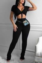 Sexy Solid Bandage Split Joint V Neck Short Sleeve Two Pieces