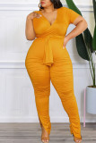 Casual Solid Bandage Patchwork Fold V Neck Plus Size Two Pieces