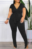 Casual Solid Bandage Patchwork Fold V Neck Plus Size Two Pieces
