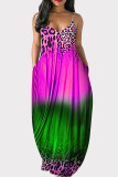 Fashion Casual Plus Size Gradual Change Leopard Print Backless Spaghetti Strap Long Dress