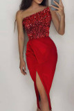 Fashion Sexy Patchwork Sequins Backless Slit Strapless Evening Dress
