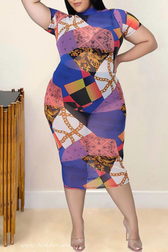 Sexy Print Patchwork See-through Half A Turtleneck One Step Skirt Plus Size Dresses