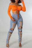 Fashion Casual Solid Bandage Hollowed Out High Waist Skinny Denim Jeans