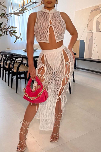 Fashion Sexy Solid Bandage Hollowed Out See-through Half A Turtleneck Sleeveless Two Pieces