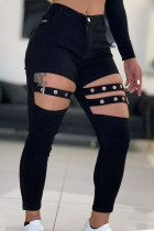 Fashion Casual Solid Hollowed Out Patchwork Skinny High Waist Pencil Solid Color Bottoms