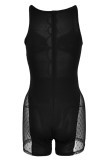Sexy Solid Hollowed Out Patchwork See-through O Neck Regular Rompers