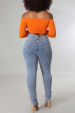 Fashion Casual Solid Bandage Hollowed Out High Waist Skinny Denim Jeans