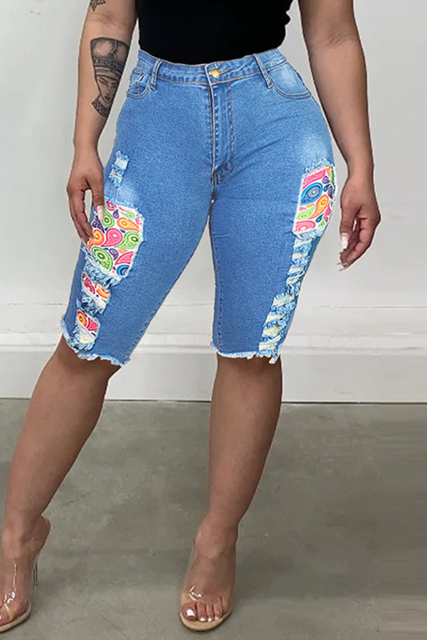 Fashion Casual Print Ripped Patchwork Plus Size Jeans