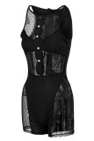 Sexy Solid Hollowed Out Patchwork See-through O Neck Regular Rompers