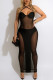 Fashion Sexy Patchwork Solid Bandage See-through Backless Halter Sleeveless Dress
