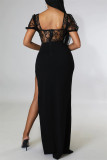 Sexy Solid Patchwork See-through Backless Slit V Neck Evening Dress